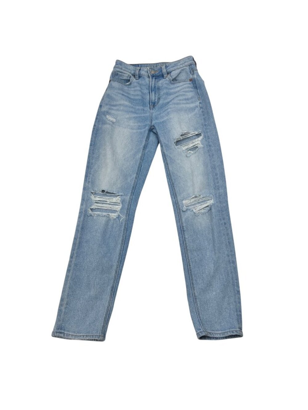 American Eagle Mom Straight Leg Jeans Distressed Mid Rise Light Wash Size 00